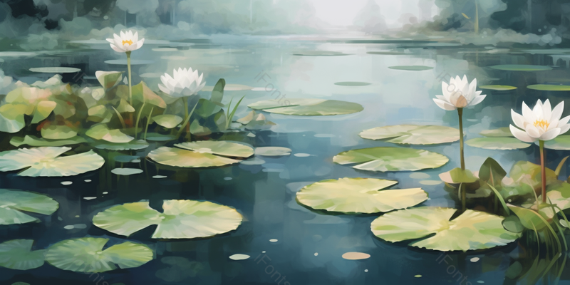 夏天夏季池塘里绿色的荷叶和白色荷花绽放海报背景插画,插画/手绘图,插画/手绘图库,插画/手绘图下载,插画/手绘